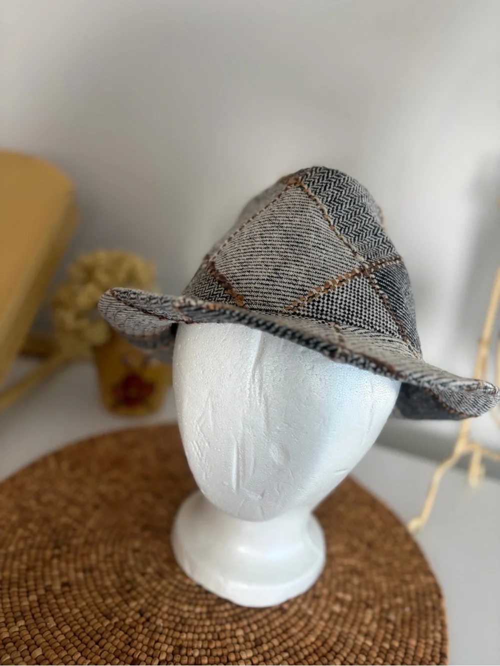 Gray Tweed Fedora Hat with Subtle Brown Stitching